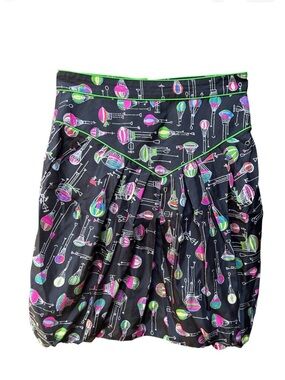 ANA SUI Anthropologie 100% Silk Bubble Skirt Air Balloon Pattern Black Size 2